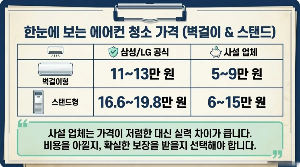 에어컨 청소 가격 벽걸이 스탠드 모델별 공식 사설 비교