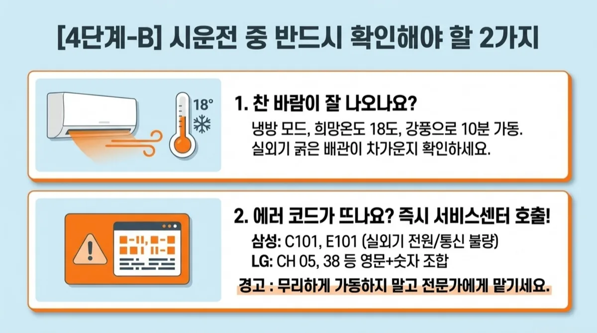 에어컨 시운전 냉기 확인 에러코드 대응